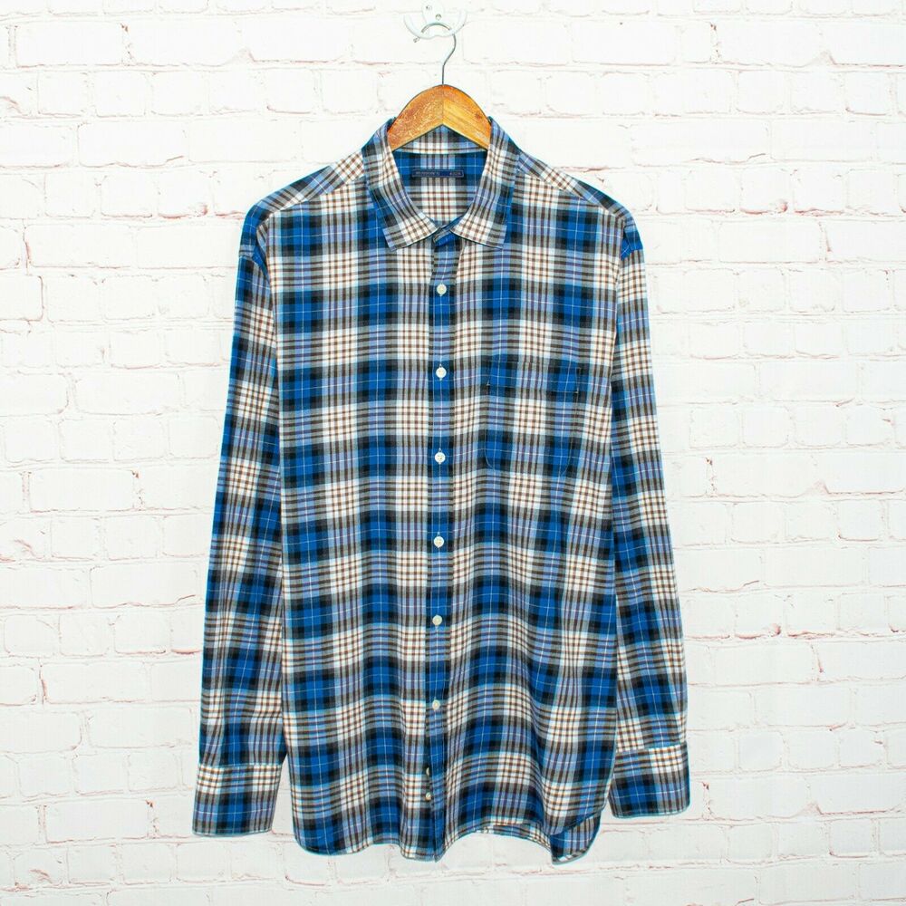 MASON'S Flannel Shirt Blue Brown Plaid Cotton Size XL